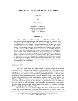 A Preliminary Checklist of Arizona Slime Molds