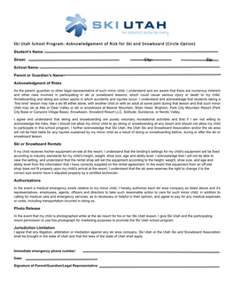 Ski Utah School Program: Acknowledgement of Risk for Ski and Snowboard (Circle Option)