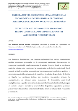 Entre La TDT Y El Ordenador: Nuevas Tendencias Tecnológicas, Empresariales Y De Consumo Alrededor De La Ficción Audiovisual En España