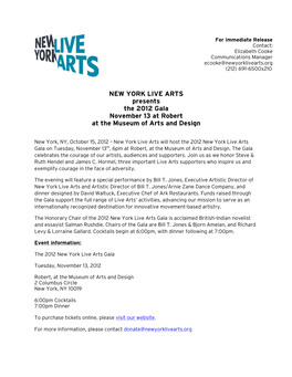 NEW YORK LIVE ARTS Presents the 2012 Gala November 13 at Robert at the Museum of Arts and Design