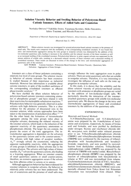 Solution Viscosity Behavior and Swelling Behavior of Polystyrene-Based Cationic Ionomers