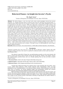 Behavioral Finance: an Insight Into Investor’S Psyche