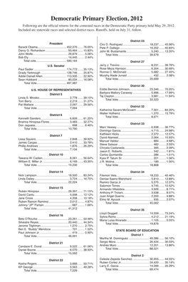 Democratic Primary Election, 2012 Following Are the Official Returns for the Contested Races in the Democratic Party Primary Held May 29, 2012