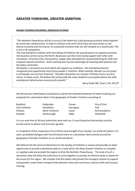 Greater Yorkshire Devolution: Statement of Intent