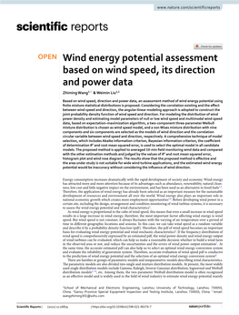 Wind Energy Potential Assessment Based on Wind Speed, Its Direction and Power Data Zhiming Wang1* & Weimin Liu1,2