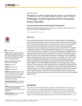 Prediction of Possible Biomarkers and Novel Pathways Conferring Risk to Post-Traumatic Stress Disorder