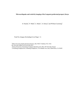 Microearthquake and Resistivity Imaging of the Longonot Geothermal Prospect, Kenya