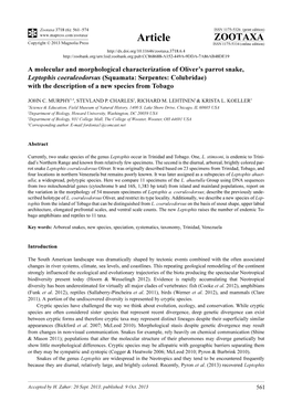 A Molecular and Morphological Characterization of Oliver's Parrot Snake, Leptophis Coeruleodorsus (Squamata: Serpentes: Colubr