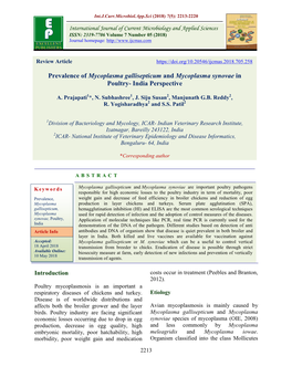 Prevalence of Mycoplasma Gallisepticum and Mycoplasma Synovae in Poultry- India Perspective