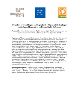 Defenders of Sexual Rights and Reproductive Rights: a Briefing Paper to the Special Rapporteur on Human Rights Defenders