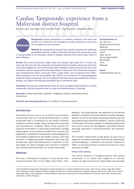 Cardiac Tamponade: Experience from a Malaysian District Hospital Qin Jian Low1, Kuo Zhau Teo2, Lee Karl Thien1, Tzyy Huei Lim1, Seng Wee Cheo3