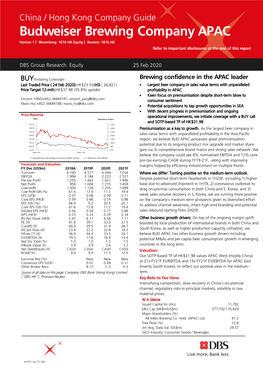 Budweiser Brewing Company APAC Version 1 | Bloomberg: 1876 HK Equity | Reuters: 1876.HK Refer to Important Disclosures at the End of This Report