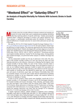 Weekend Effect” Or “Saturday Effect”? an Analysis of Hospital Mortality for Patients with Ischemic Stroke in South Carolina