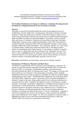 1 the Neoliberal Seduction: Governing-At-A-Distance, Community Development and the Battle Over Regional Financial Service Provis