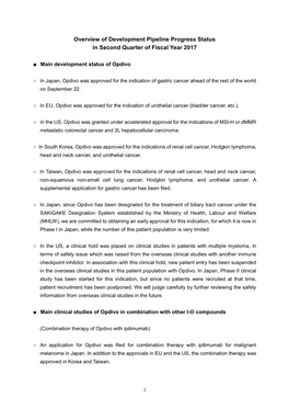 Overview of Development Pipeline Progress Status in Second Quarter of Fiscal Year 2017