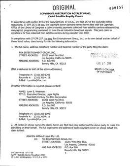 Qrlglnal COPYRIGHT Arbitrati:ON ROYALTY PANEL (3Oint Satellite Royalty Claim)