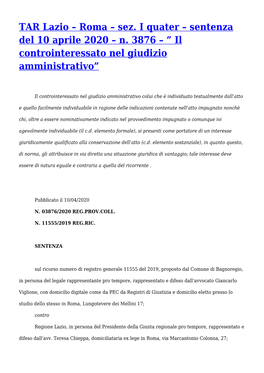 TAR Lazio – Roma – Sez. I Quater – Sentenza Del 10 Aprile 2020 – N