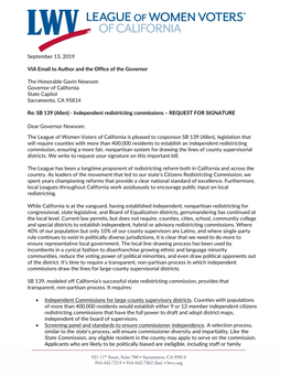 September 13, 2019 VIA Email to Author and the Office of the Governor the Honorable Gavin Newsom Governor of California State Ca