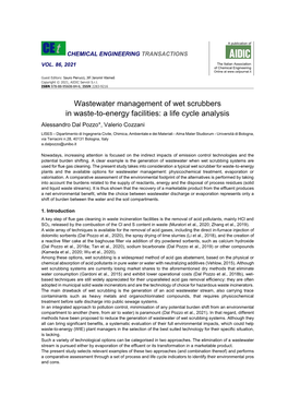 Wastewater Management of Wet Scrubbers in Waste-To-Energy Facilities: a Life Cycle Analysis Alessandro Dal Pozzo*, Valerio Cozzani