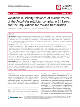 Variations in Salinity Tolerance of Malaria Vectors of the Anopheles