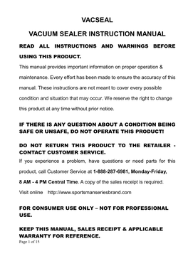 Vacseal Vacuum Sealer Instruction Manual