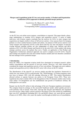 Mergers and Acquisitions in the EU Low Cost Carrier Market. a Product and Organisation Architecture (POA) Approach to Identify Potential Merger Partners