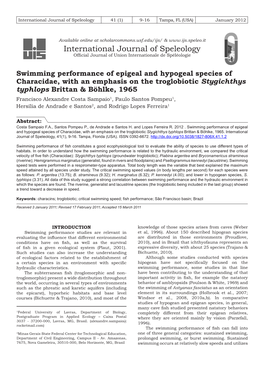 Swimming Performance of Epigeal and Hypogeal Species Of