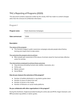 THL's Reporting of Programs (2020)
