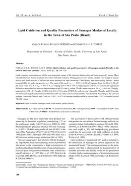 Lipid Oxidation and Quality Parameters of Sausages Marketed Locally in the Town of Săo Paulo (Brazil)