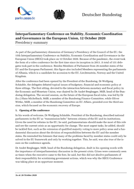 Interparliamentary Conference on Stability, Economic Coordination and Governance in the European Union, 12 October 2020 Presidency Summary