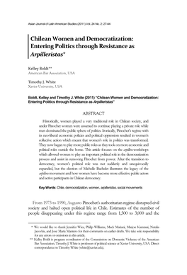 Chilean Women and Democratization: Entering Politics Through Resistance As Arpilleristas*1