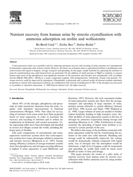 Nutrient Recovery from Human Urine by Struvite Crystallization with Ammonia Adsorption on Zeolite and Wollastonite Bo-Bertil Lind A,*,Zso®A Ban B, Stefan BydEn B