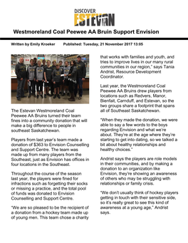 Westmoreland Coal Peewee AA Bruin Support Envision