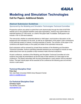 Modeling and Simulation Technologies Call for Papers: Additional Details