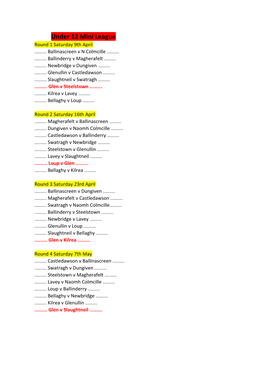 Under 12 Mini League Round 1 Saturday 9Th April