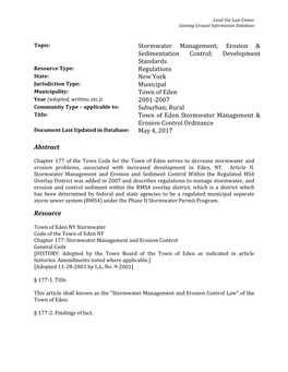 Stormwater Management; Erosion & Sedimentation Control; Development Standards Regulations New York Municipal Town of Eden 20