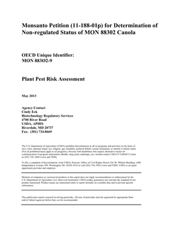 For Determination of Non-Regulated Status of MON 88302 Canola