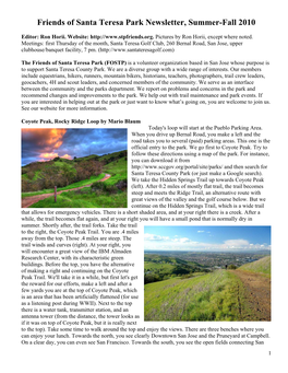 Friends of Santa Teresa Park Newsletter, Summer-Fall 2010