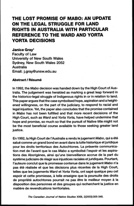 The Lost Promise of Mabo: an Update on the Legal Struggle for Land Rights in Australia with Particular Reference to the Ward and Yorta Yorta Decisions