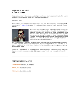 Polymaths in the News: MARK RONSON PREVIOUS POLYMATHS