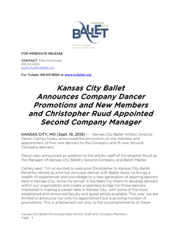 September 19, 2019 Kansas City Ballet Announces Promotions, New