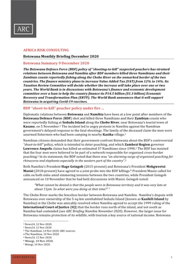 AFRICA RISK CONSULTING Botswana Monthly Briefing December 2020 Botswana Summary 9 December 2020 BDF “Shoot-To-Kill” Poach