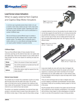 Lead Screw Linear Actuators: When to Apply External Non-Captive and Captive Step Motor Actuators Figure 1: External Linear Actuator, Size 23 Stepper Motor