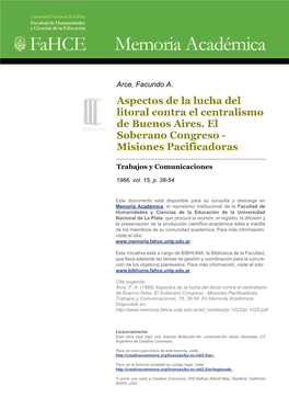 Aspectos De La Lucha Del Litoral Contra El Centralismo De Buenos Aires. El Soberano Congreso - Misiones Pacificadoras