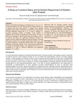 A Study on Livestock Status and Its Nutrient Requirement of Western Uttar Pradesh Satyaveer Singh, Nazim Ali, Jagdeep Kumar* and Hitesh Singh