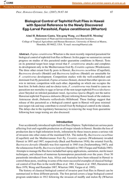 Biological Control of Tephritid Fruit Flies in Hawaii with Special Reference to the Newly Discovered Egg-Larval Parasitoid, Fopius Ceratitivorus (Wharton)