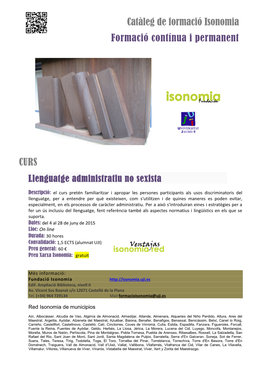 Catàleg De Formació Isonomia Formació Contínua I Permanent CURS