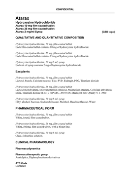 Atarax Hydroxyzine Hydrochloride Atarax 10 Mg Film-Coated Tablet Atarax 25 Mg Film-Coated Tablet Atarax 2 Mg/Ml Syrup [GSK Logo]