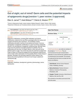 Germ Cells and the Potential Impacts of Epigenomic Drugs[Version 1; Peer