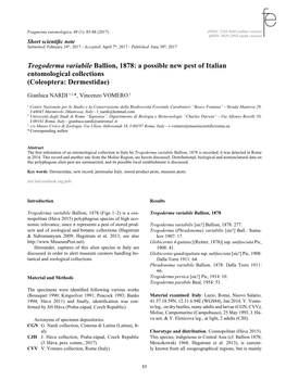 Trogoderma Variabile Ballion, 1878: a Possible New Pest of Italian Entomological Collections (Coleoptera: Dermestidae)